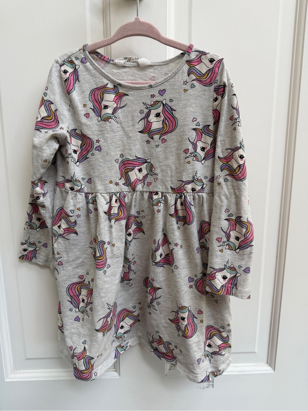 H&M Girls 4 - 6 Gray Unicorn Print Long Sleeve Dress with Pink Accents